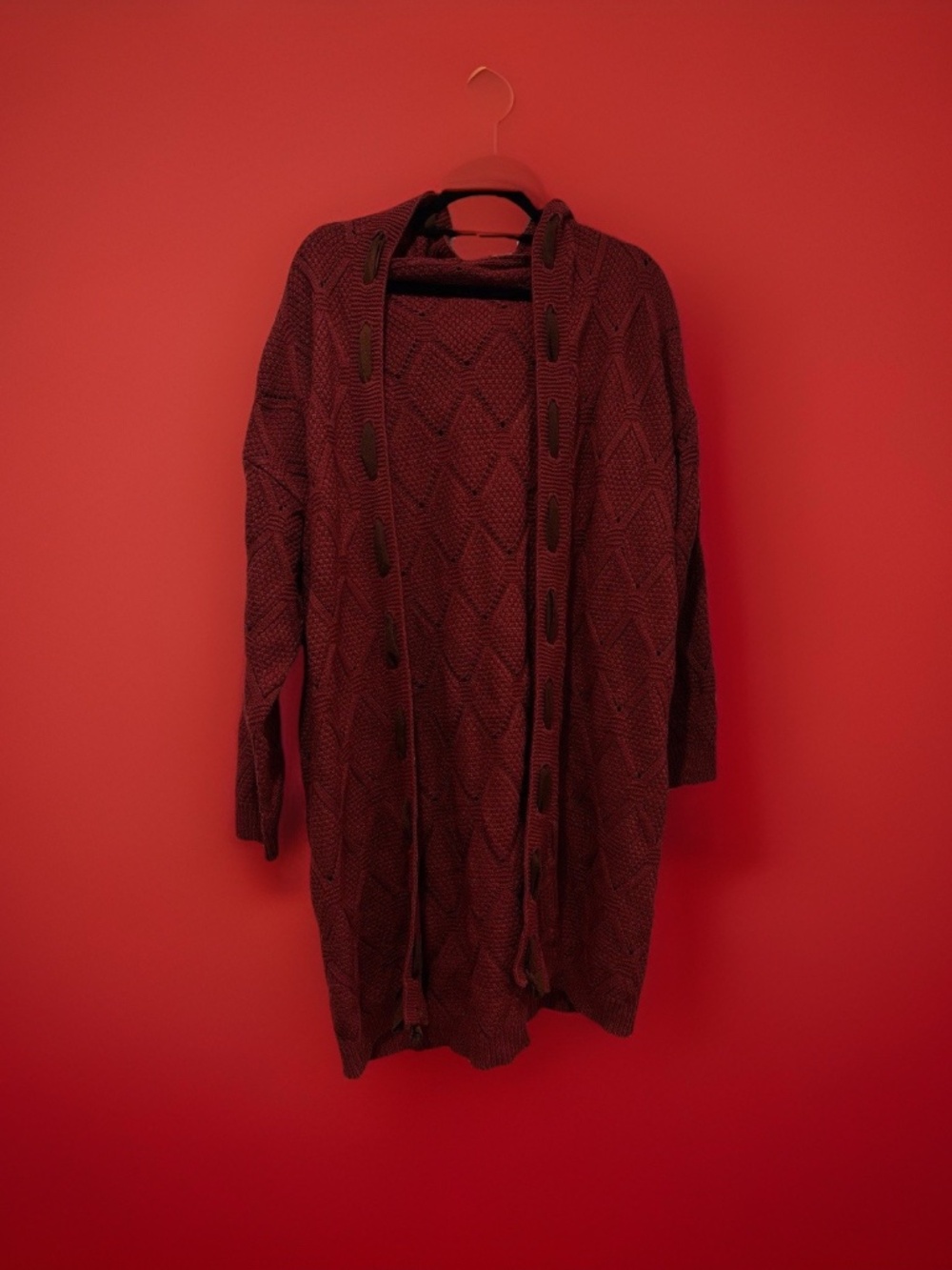 VINTAGE | Dk Red Chunky Cable Knit Sweater w Hood & Brown Ribbon & Elbow Pads